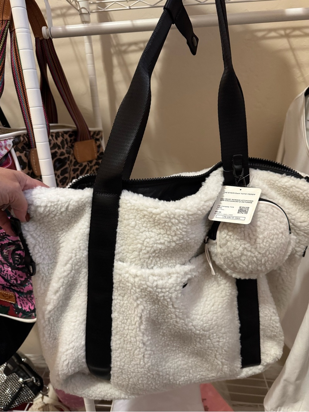Fabletics Everything Tote Teddy White Sherpa Tote Bag with Black Straps